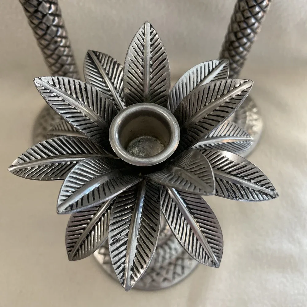 Vintage Set 3 Metal Palm Tree Taper Candle Holders Silver Blackwash Felt Bottom